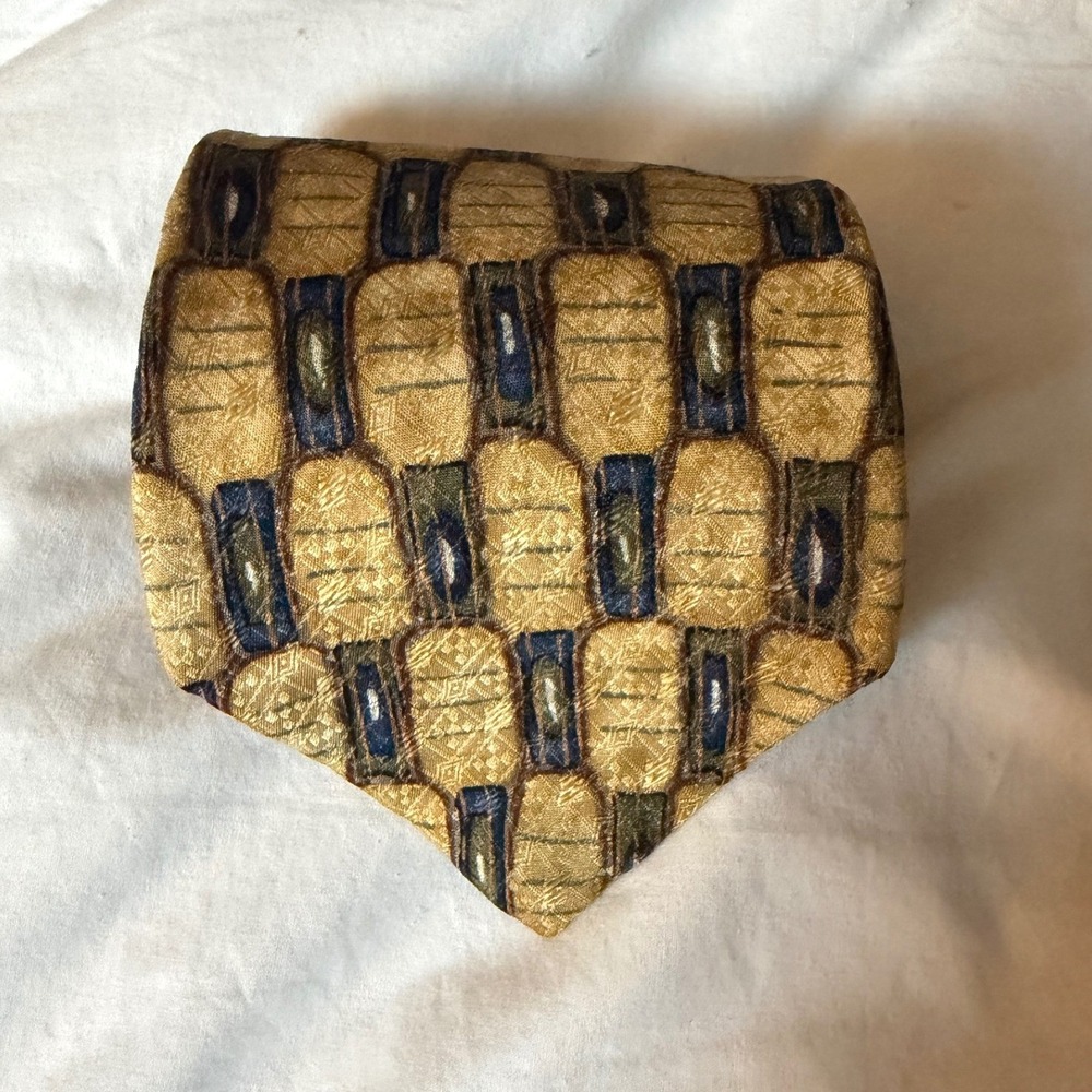 Ferrell Reed Necktie Mens OS Gold Blue Geometric Silk Excellent Hand Made USA